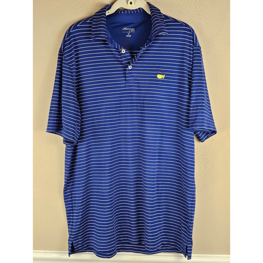 Masters Tech Mens Blue White Striped Performance Polo Golf Shirt Medium